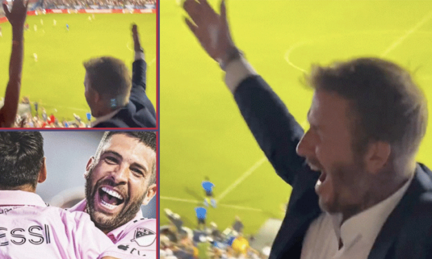 La reacción de David Beckham, tras la obra de arte de Lionel para marcar el gol del empate