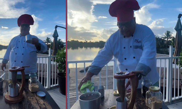 Chef Ramoncito de Miami prepara café usando colador